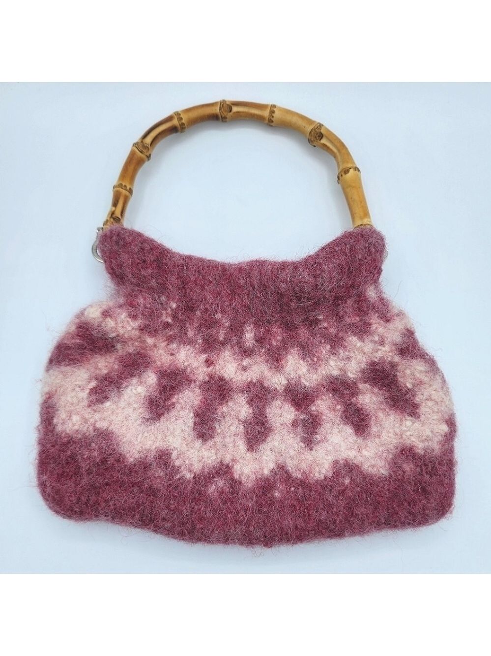 Pink Handmade Wool Handbag With Bamboo Handle #2413